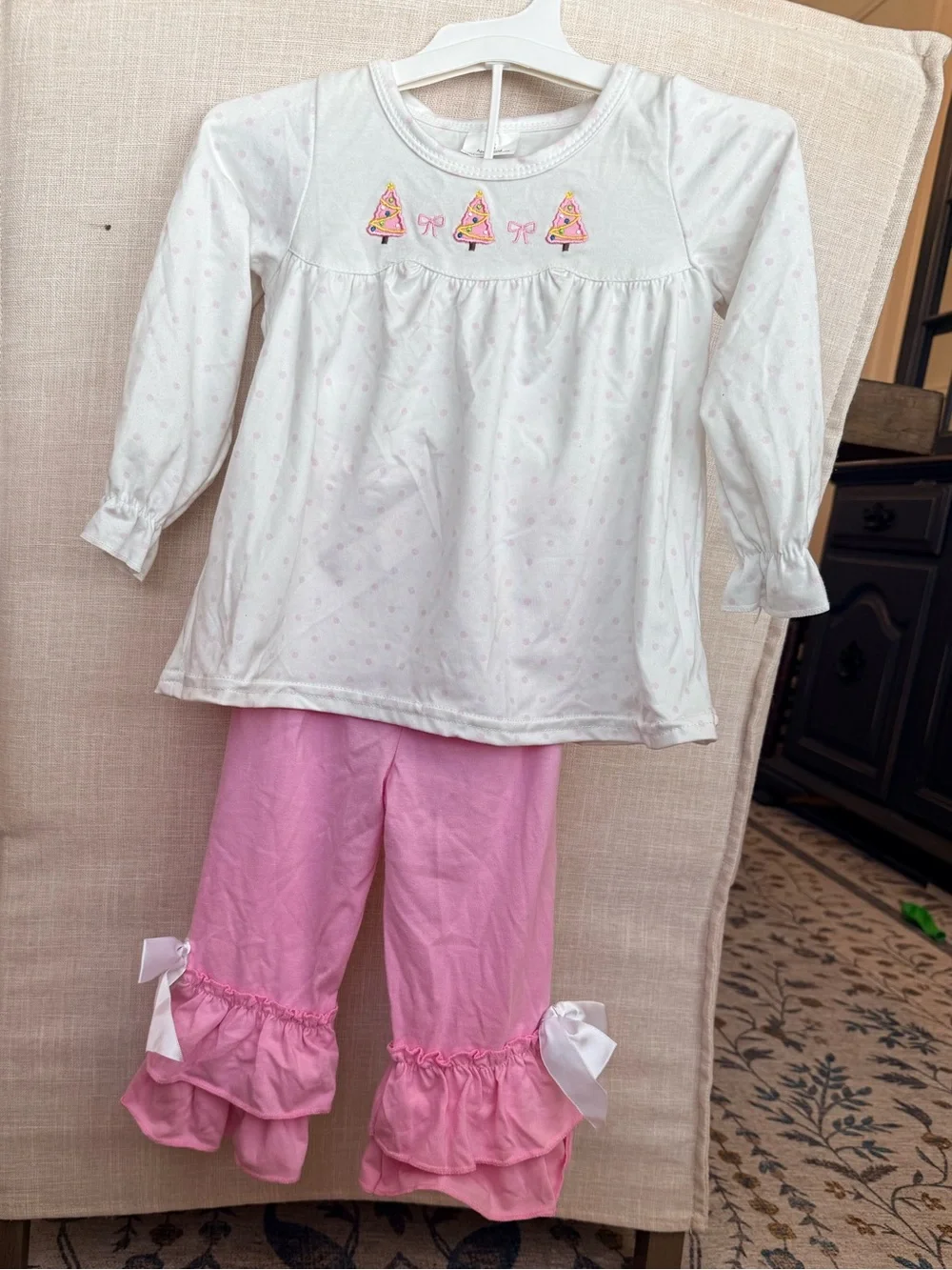 Girls Pink Ruffle Pant Set with White Long-Sleeve Top